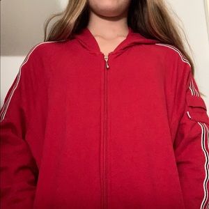 Thrifted, red hooded zip up sweater